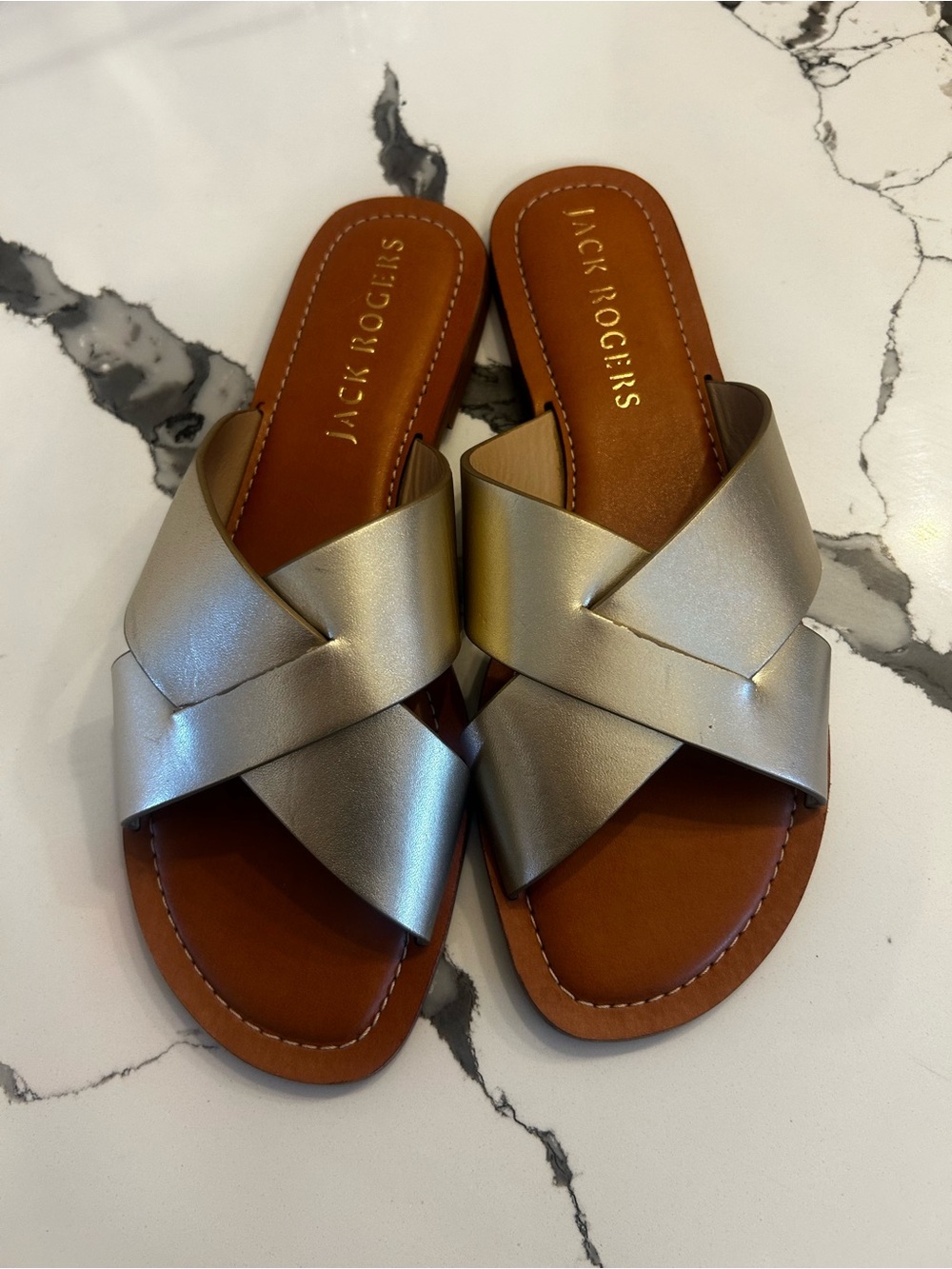 Jack Rogers Metallic Gold Cross-Strap Slide Sandals